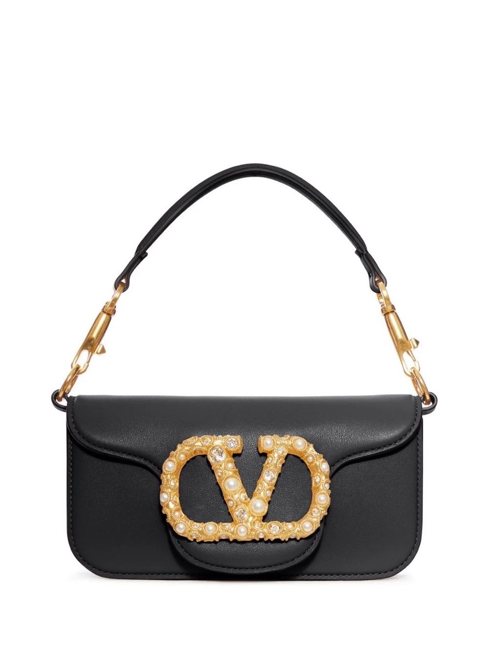 Valentino Garavani Black Leather Shoulder Bag with Gold Pearl VLogo